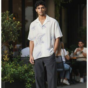 NEW PORTER & ASH SZ L Men's Linen Blend Floral White & Blue Short Sleeve Shirt